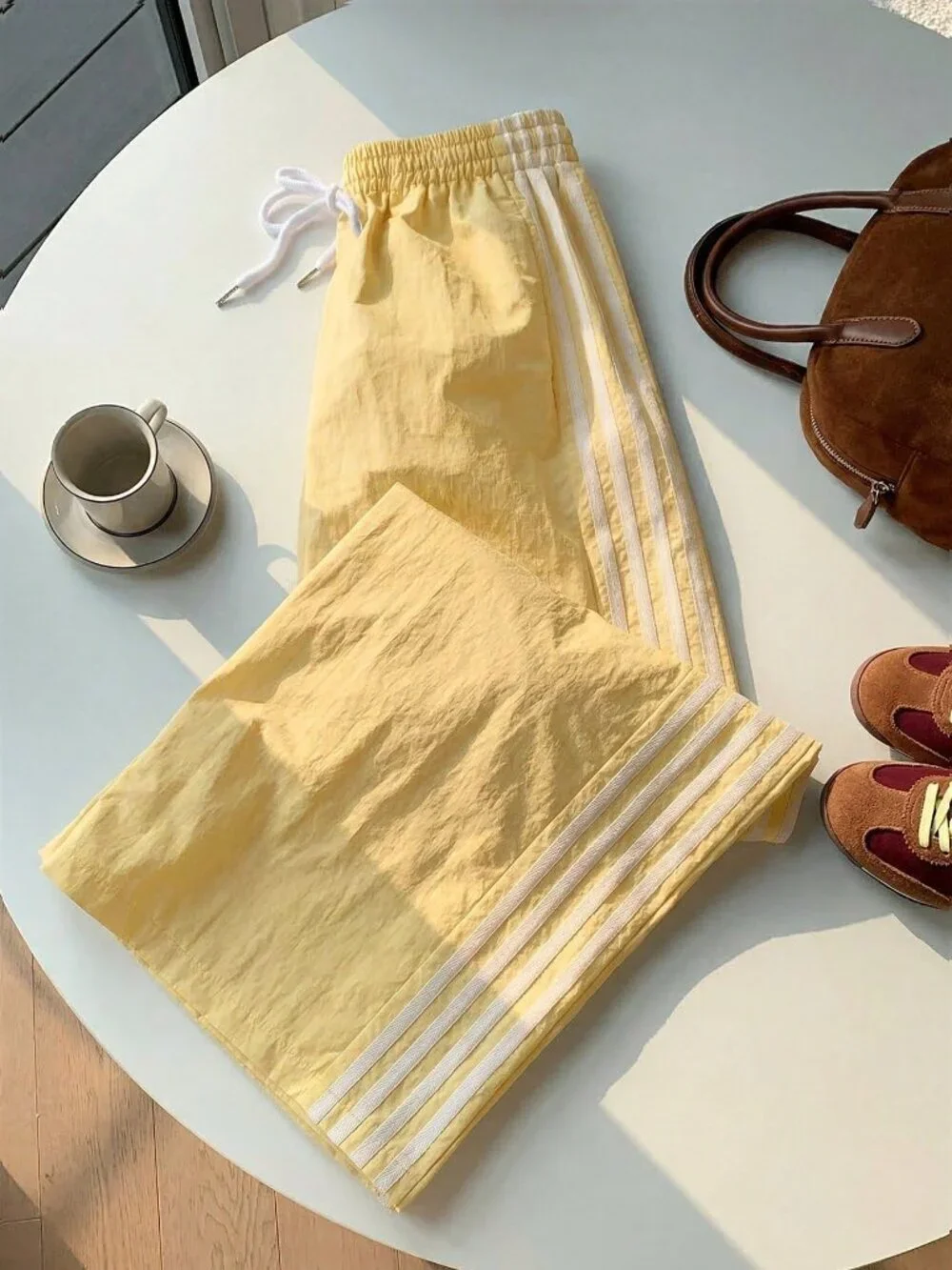 Yellow Casual Women's Side Stripe Elastic Waist Loose Sports Pants
